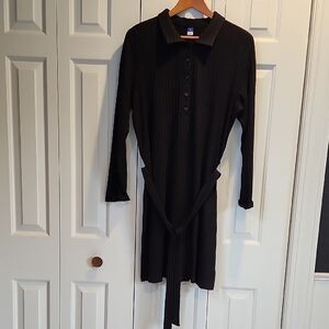 Old Navy Black Ribbed Long Sleeve Belted Dress Collared Women's size XL